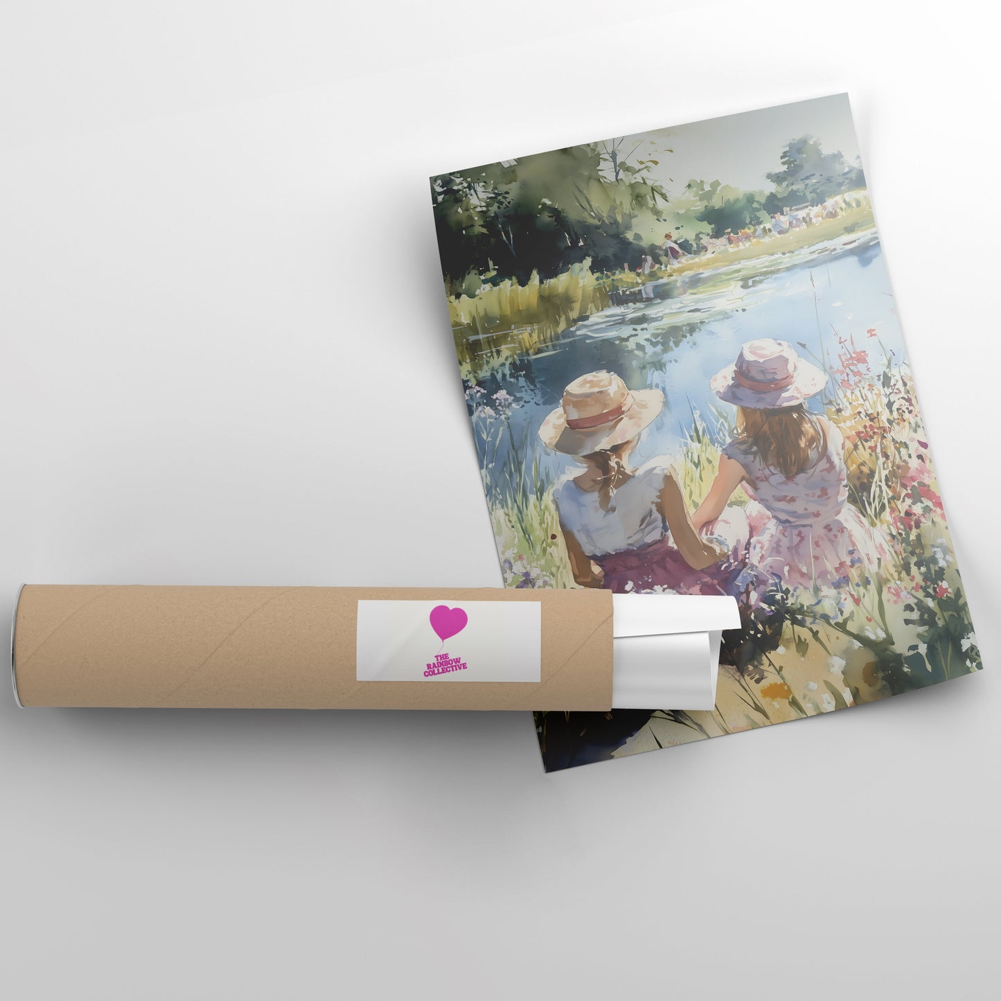 Roll of paper with a printed design of two people by a lake on a white background