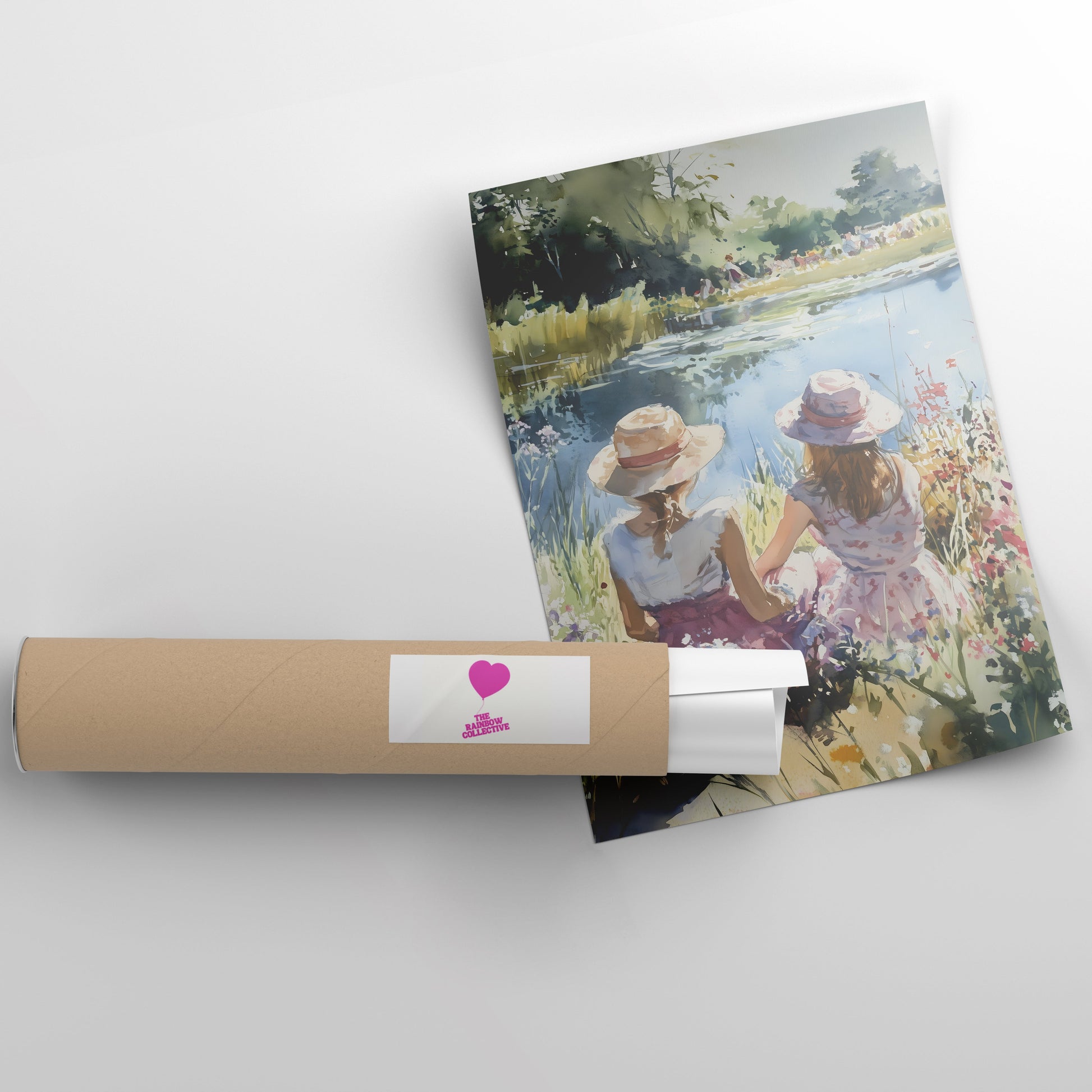 Roll of paper with a printed design of two people by a lake on a white background