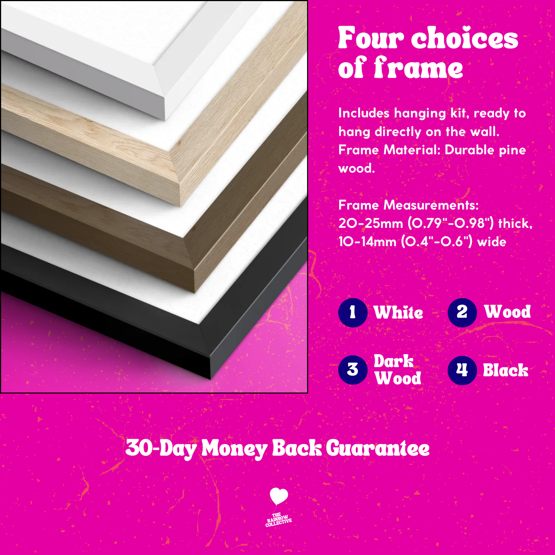 Four wooden frames in white, wood, dark wood, and black on a pink background with text about frame material and measurements.