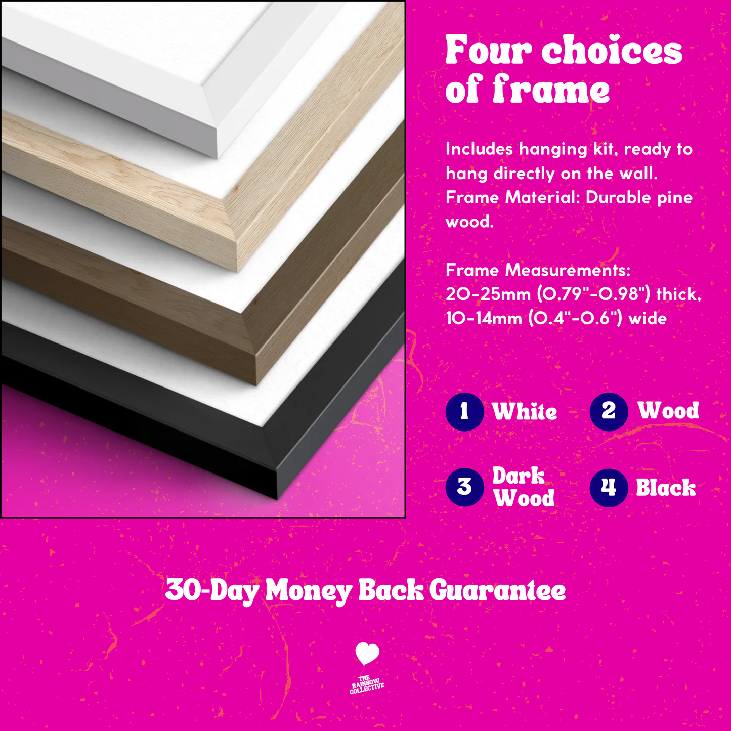 Four wooden frames in white, wood, dark wood, and black on a pink background with text about frame material and measurements.