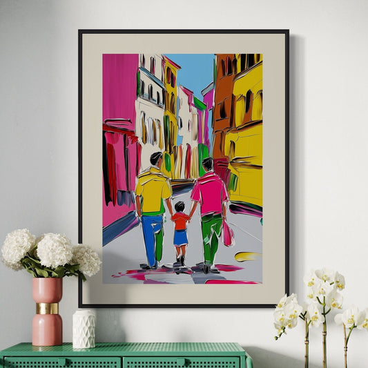 Gay Pride Art "Move Forward" | LGBTQ Family Artwork, Colourful Gay Couple with Child Print, Queer Wall Decor, Progress Pride Art