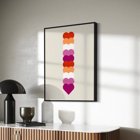 Lesbian Pride Art Print, Heart Stack Lesbian Flag Wall Art - LGBTQ Queer Decor for Pride Month