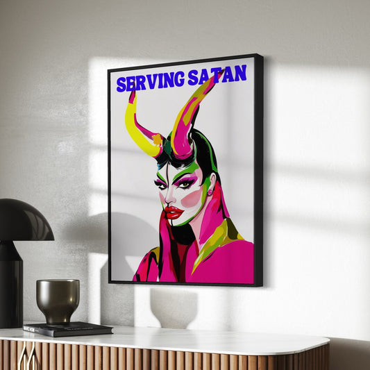Serving Satan Drag Queen Artwork, Queer Art Print, Devil Horns, LGBTQ+ Wall Decor