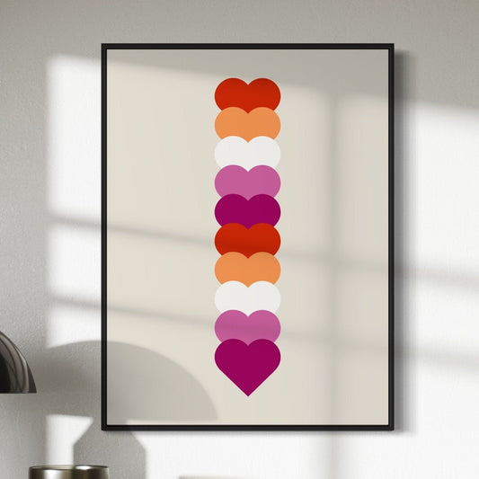 Lesbian Pride Art Print, Heart Stack Lesbian Flag Wall Art - LGBTQ Queer Decor for Pride Month