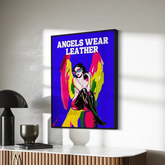 Angels Wear Leather | Bold LGBTQ Pride Print | Queer Satire Wall Art | Premium 200gsm Matte Paper | Unframed LGBTQ Decor for Home or Office