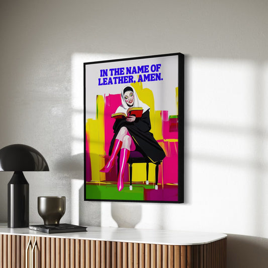 In the Name of Leather, Amen - Bold Queer Satirical Art Print | 200gsm Premium Matte Paper | LGBTQ+ Wall Art Celebrating Identity & Humour