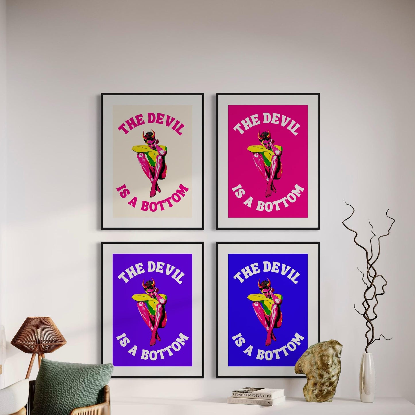 The Devil is a Bottom - Bold LGBTQ+ Art Print, Neon Blue Graphic Poster, Funny Art Print