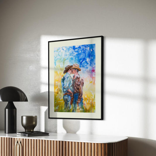 Love in the Open Range Art Print | LGBTQ+ Cowboy Romance | Unframed Watercolour Print on Premium Matte Paper | Western Pride Decor