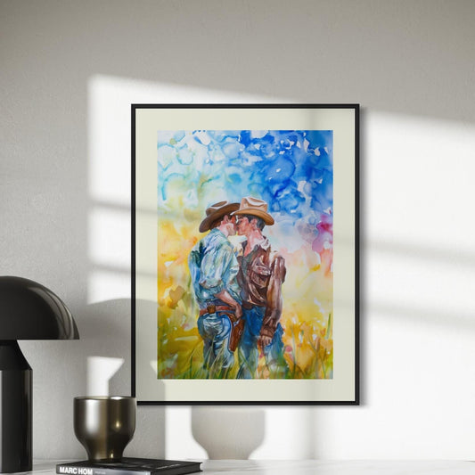Love in the Open Range Art Print | LGBTQ+ Cowboy Romance | Unframed Watercolour Print on Premium Matte Paper | Western Pride Decor