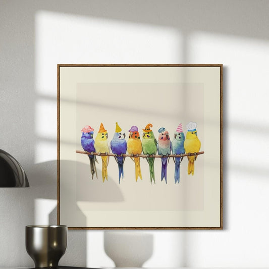 Rainbow Parakeet Party Print | Fun Bird Art with Rainbow Colours | Fun Wall Decor | Unframed Premium Paper | Perfect for Bird Lovers
