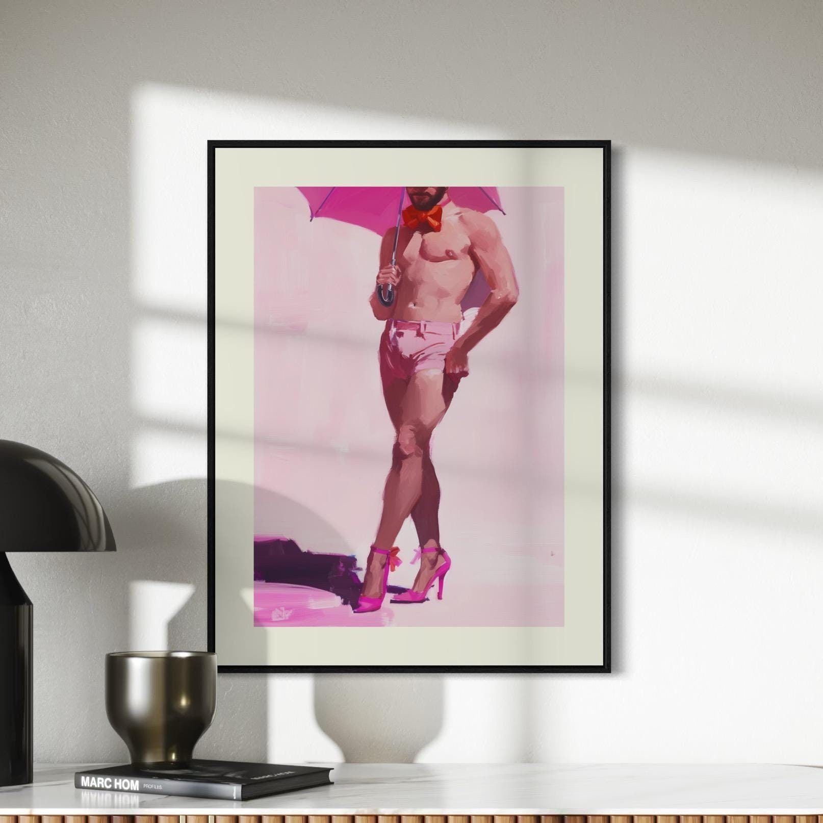 Pink Umbrella Elegance LGBTQ+ Art Print, Ribbon and Resilience Collection, Queer Pride High Heels Artwork for Bold Wall Decor