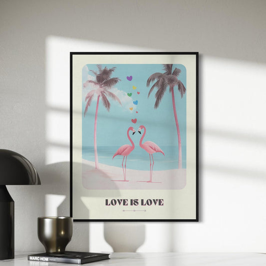 Minimalist Flamingo Wall Art - Love Is Love Print, Rainbow Hearts, Tropical Pride Decor for Queer Community & Allies - Premium Print