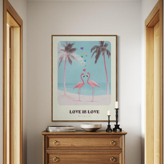 Minimalist Flamingo Wall Art - Love Is Love Print, Rainbow Hearts, Tropical Pride Decor for Queer Community & Allies - Premium Print