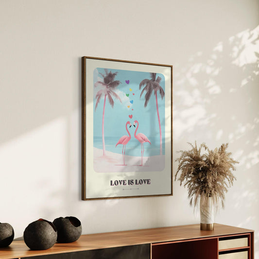 Minimalist Flamingo Wall Art - Love Is Love Print, Rainbow Hearts, Tropical Pride Decor for Queer Community & Allies - Premium Print