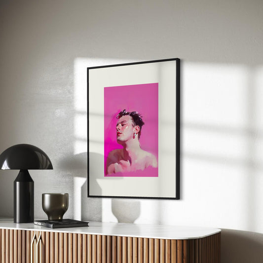 Gay With a Pearl Earring – Queer Portrait Print, Bold Pink Wall Art, Premium Matte Paper Unframed LGBTQ+ Decor