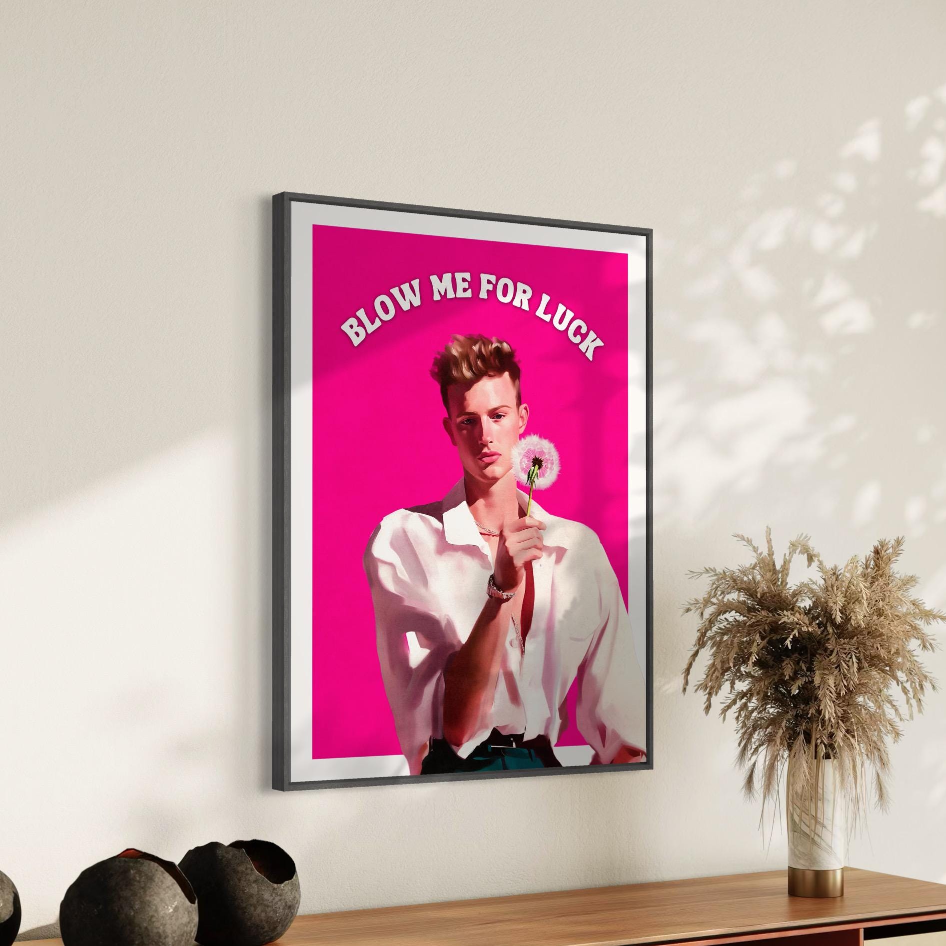 Blow Me for Luck – Cheeky Queer Oil Painting Print, Bold LGBTQ+ Wall Art, Fun Dandelion Decor for Modern Spaces