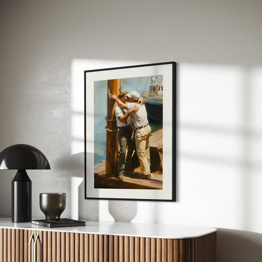 Dockside Farewell Kiss – Queer Oil Painting Print | Romantic LGBTQ+ Nautical Wall Art | Premium Matte Unframed Art Print for Home Decor
