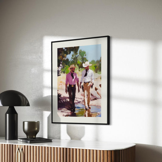 Two Cowboys, One Trail – Romantic Watercolor Queer Art Print, LGBTQ+ Pride Western Wall Decor, Premium Unframed Matte Artwork