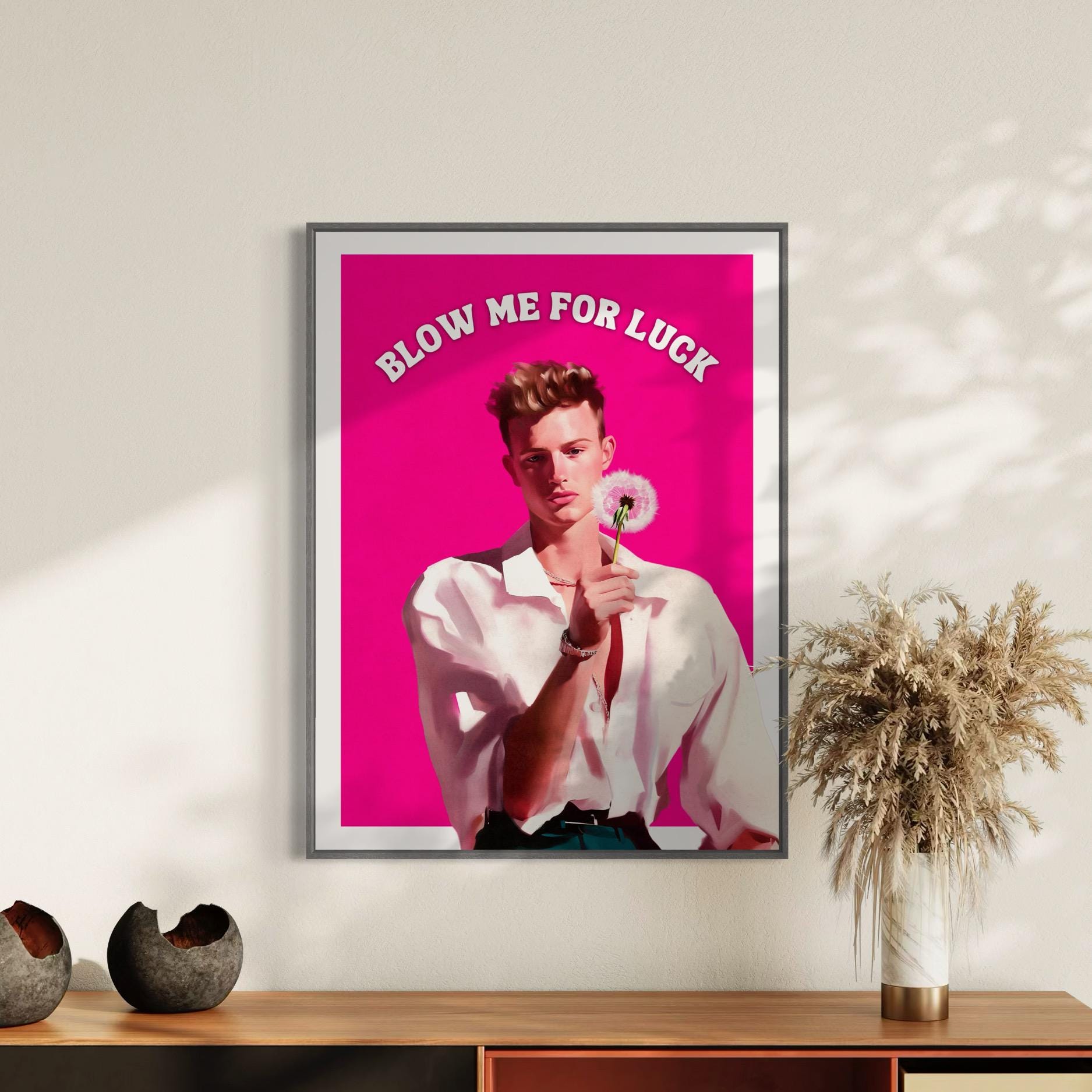 Blow Me for Luck – Cheeky Queer Oil Painting Print, Bold LGBTQ+ Wall Art, Fun Dandelion Decor for Modern Spaces