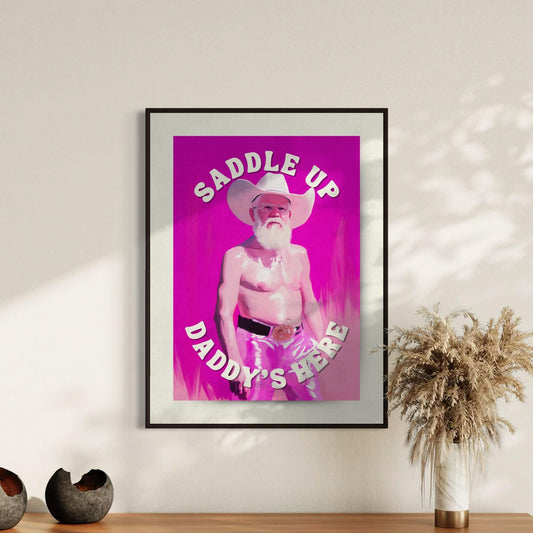 Saddle Up - Pink Cowboy Art Print, Western Daddy Decor, Queer Rodeo Aesthetic, Country Home Wall Art, Funny Gay Art Print