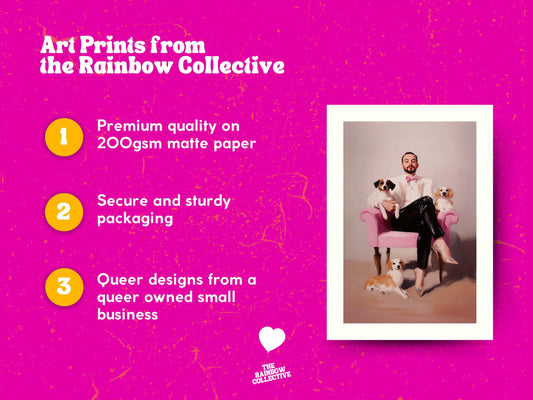 Paws & Poise – Queer Oil Painting Print | LGBTQ+ Art | Glamorous Gay Home Decor | Elegant Dog Lover Wall Art | 200gsm Unframed Print