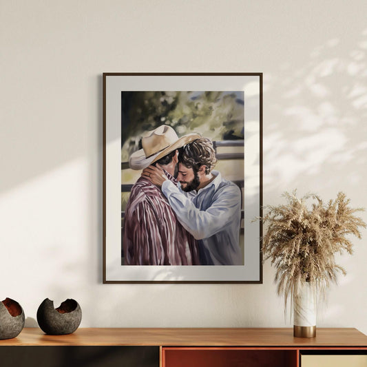 Where Cowboys Cry Softly – Queer Cowboy Watercolour Print | Gay Romance Art | Emotional LGBTQ+ Decor | Unframed Aesthetic Wall Print