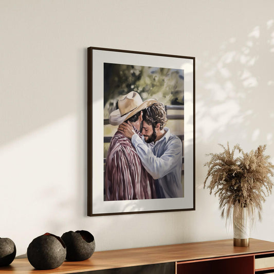Where Cowboys Cry Softly – Queer Cowboy Watercolour Print | Gay Romance Art | Emotional LGBTQ+ Decor | Unframed Aesthetic Wall Print