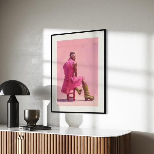 Off Duty – Queer Art Print | Pink Oil Painting of Life Model in Boots | Gay Wall Art, Soft Masculinity – Unframed Matte Poster