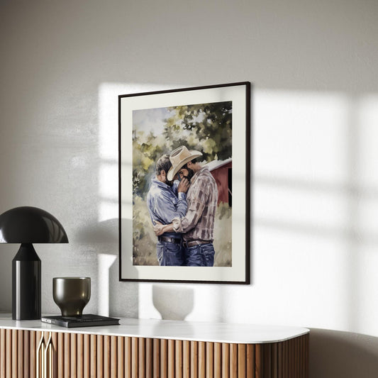 Gay Cowboy Watercolour Print – Rough Hands, Soft Lips LGBTQ Art | Queer Romance Wall Art – Unframed Matte Country Love Print