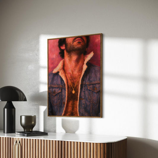 Denim Daddy - Queer Wall Art Print | Gay Oil Painting Style Portrait | Chest Hair Print | Erotic Vintage Gay Decor | LGBTQ Daddy Art Print