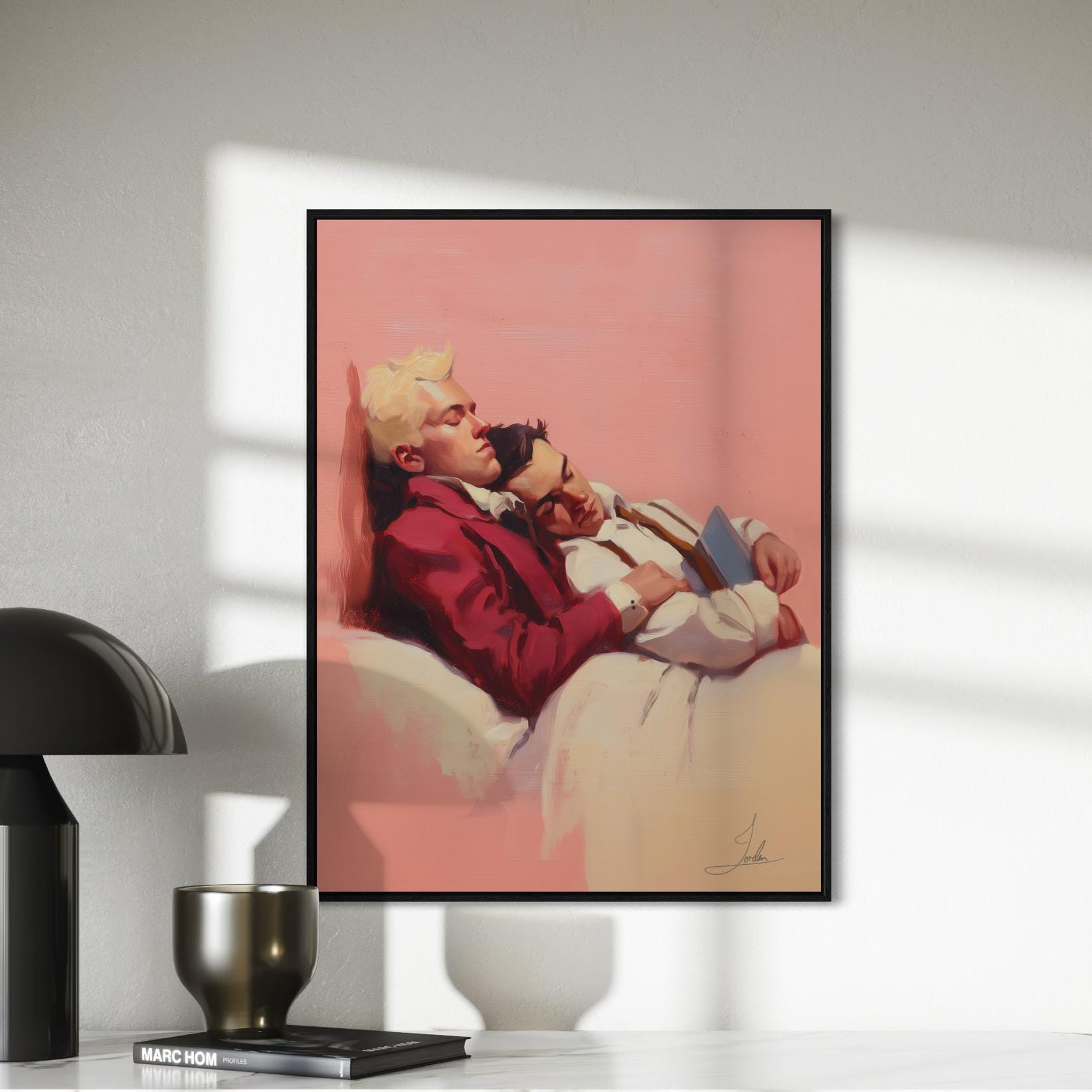 Hold Me - Queer Romantic Wall Art Print | Gay Couple Oil Painting in Love | LGBTQ+ Home Decor - Unframed Matte Tender Art Poster