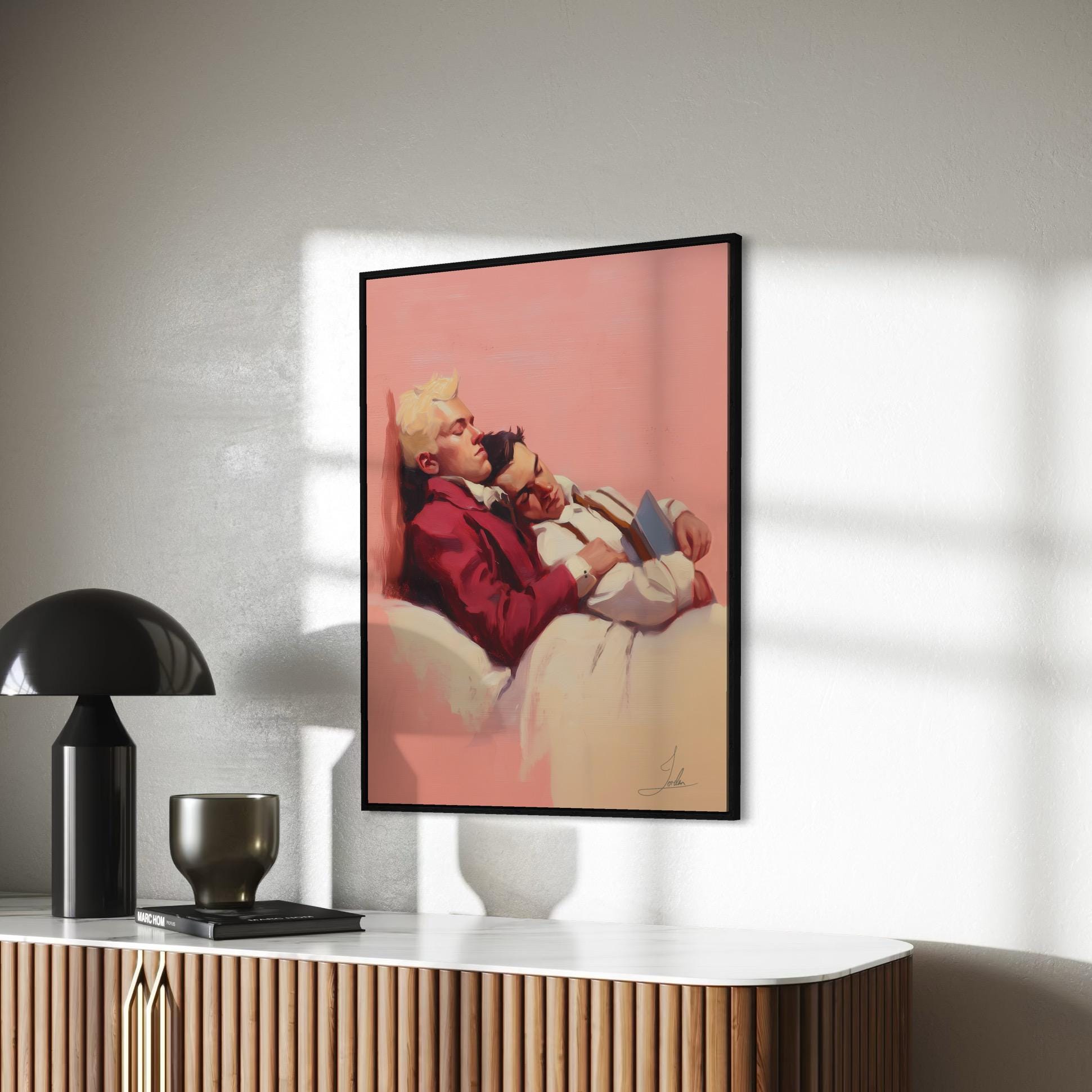 Hold Me - Queer Romantic Wall Art Print | Gay Couple Oil Painting in Love | LGBTQ+ Home Decor - Unframed Matte Tender Art Poster