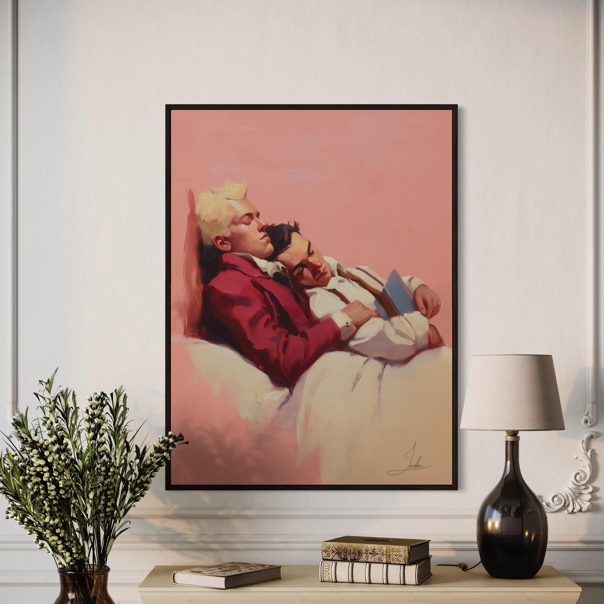 Hold Me - Queer Romantic Wall Art Print | Gay Couple Oil Painting in Love | LGBTQ+ Home Decor - Unframed Matte Tender Art Poster