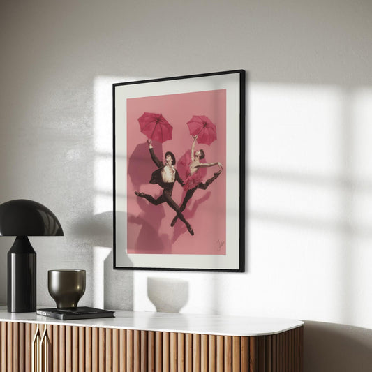 We Leap – Queer Ballet Art Print | Gay Dancers with Umbrellas Oil-Style Poster | Unframed 200gsm Matte LGBTQ+ Wall Decor