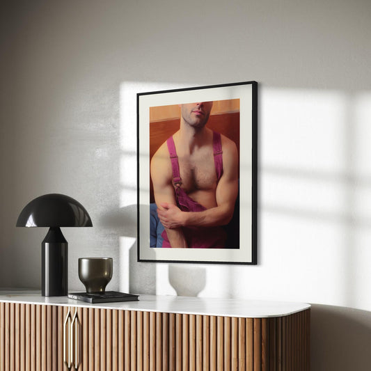 Pink Overalls, No Rules β Queer Wall Art Print | Gay Oil-Style Portrait, Unframed 200gsm Matte LGBTQ+ Decor | Soft Masculine Poster