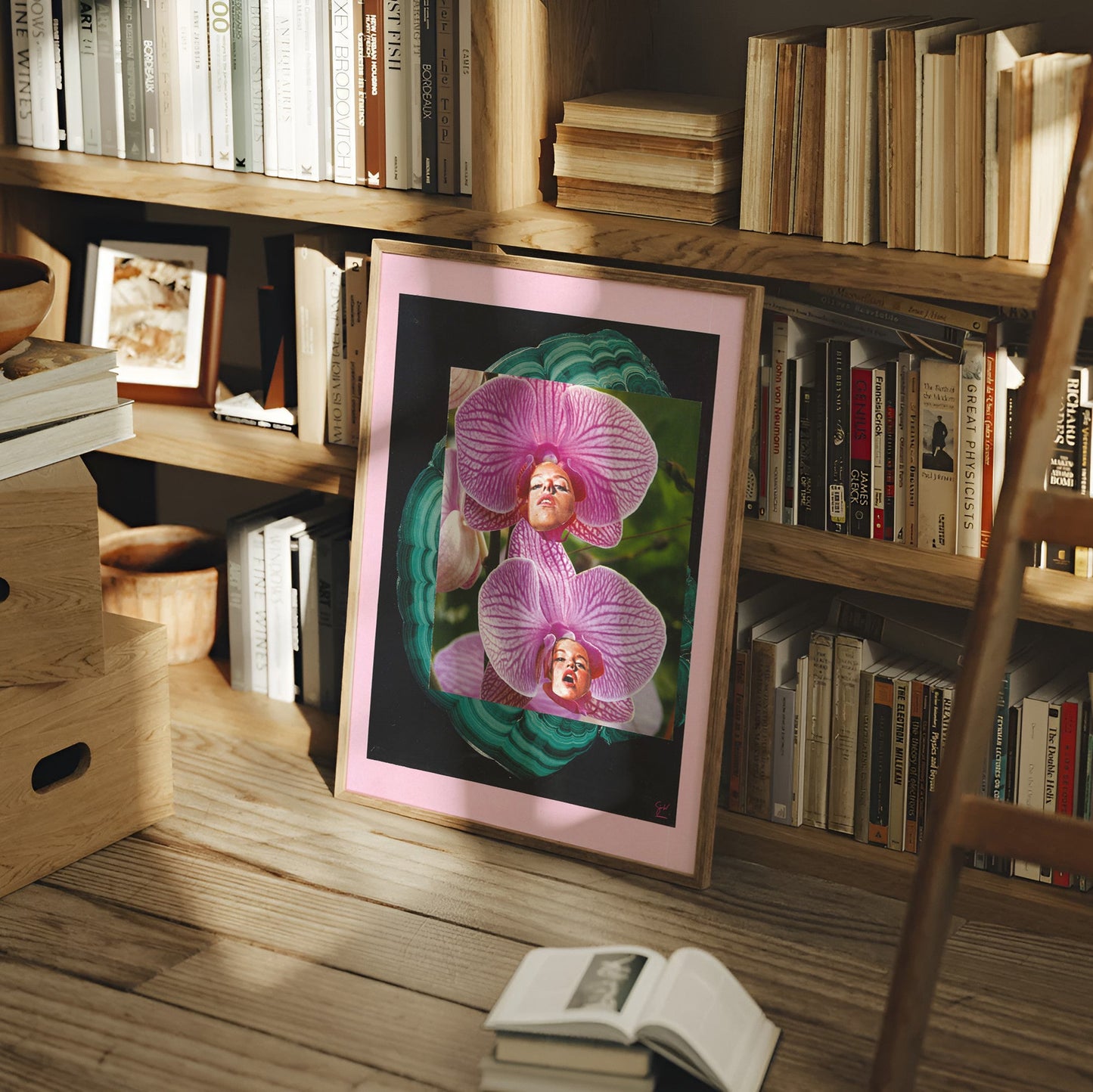 A framed art print featuring two pink orchids with faces inside, leaning on a wooden floor in front of a bookshelf filled with books.