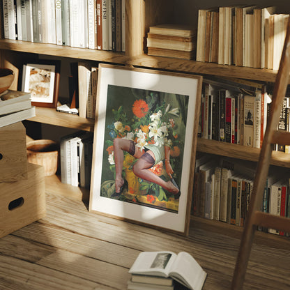 A framed art print featuring a vintage-style illustration of a woman in a floral setting, leaning against a wooden bookshelf in a cozy, sunlit room with books and a wooden ladder.