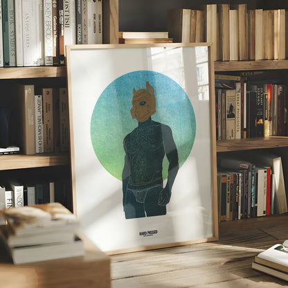 A framed art print featuring a stylized male character inside a blue-green gradient circle, leaning against a wooden bookshelf filled with books.