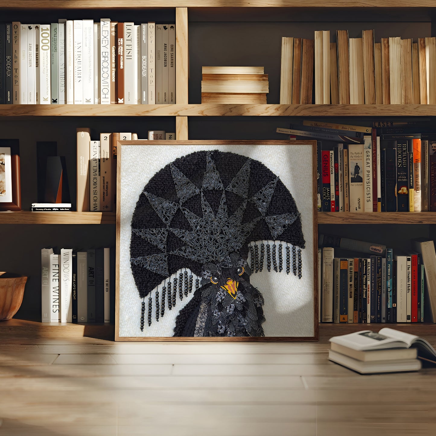 A framed black-and-gray bird artwork with a yellow beak, displayed on a wooden surface in front of bookshelves filled with books.