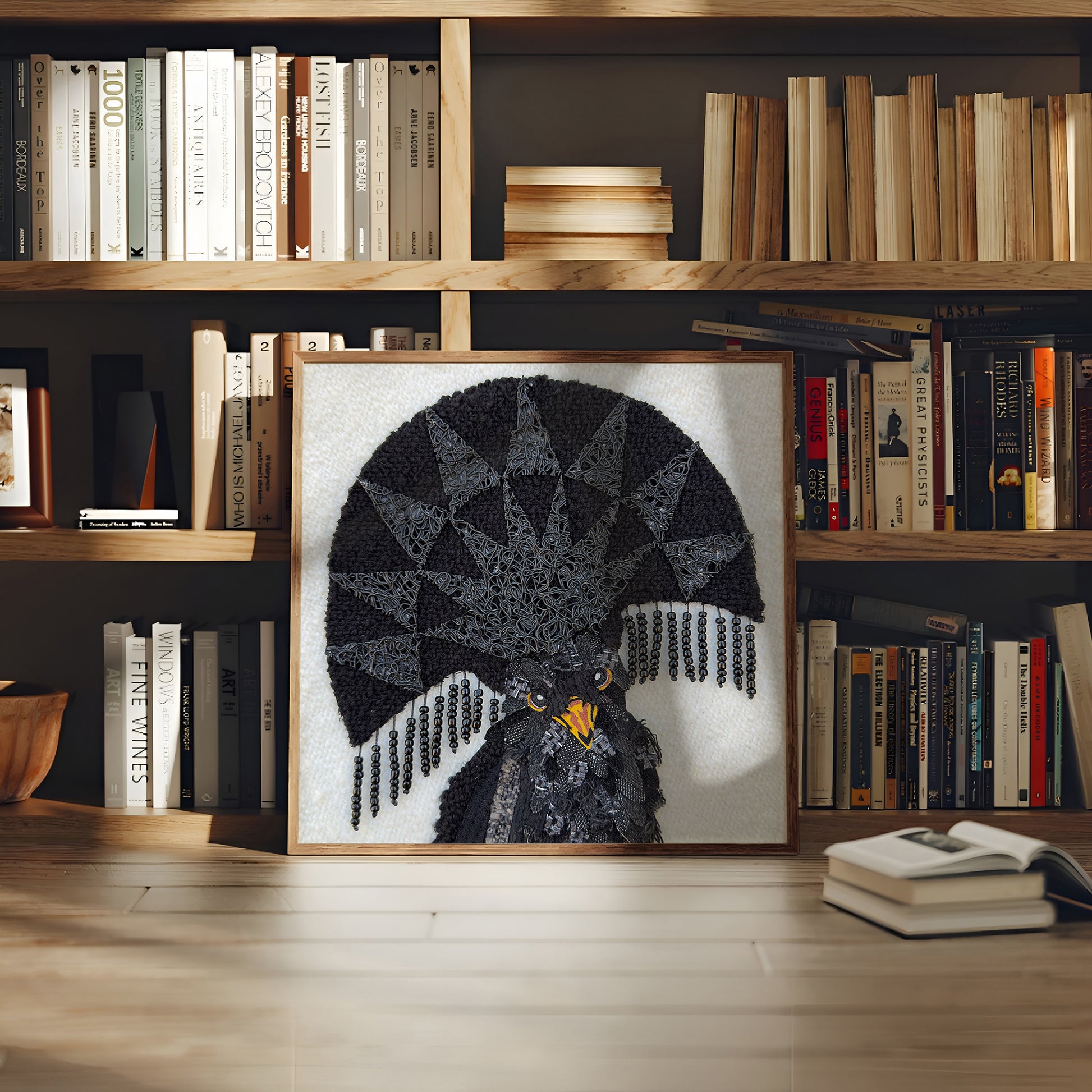 A framed black-and-gray bird artwork with a yellow beak, displayed on a wooden surface in front of bookshelves filled with books.