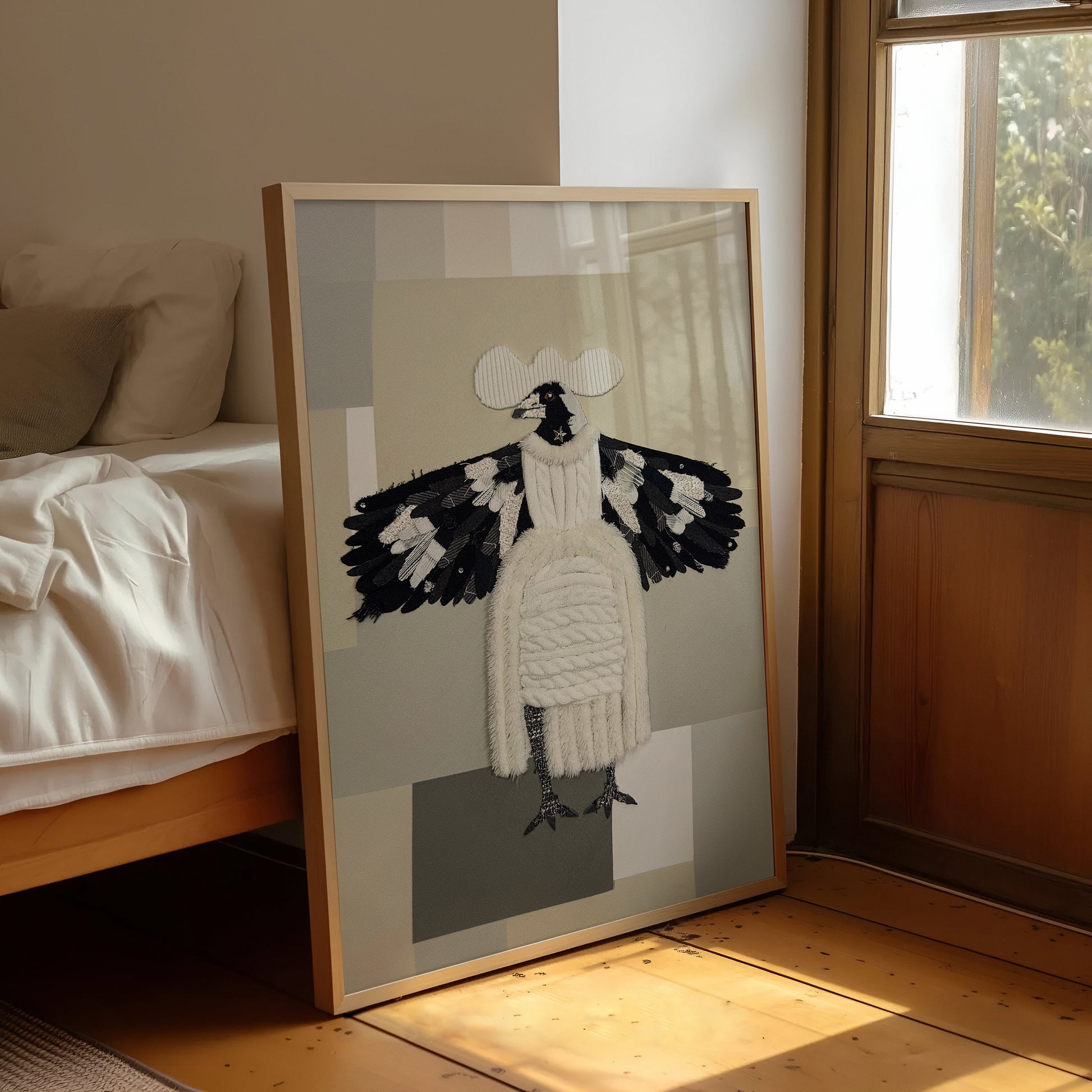 A framed art print leaning against a bed in a sunlit bedroom. The artwork shows a stylized bird figure with black and white wings and body on a muted gray and beige geometric background, enclosed in a light wood frame.