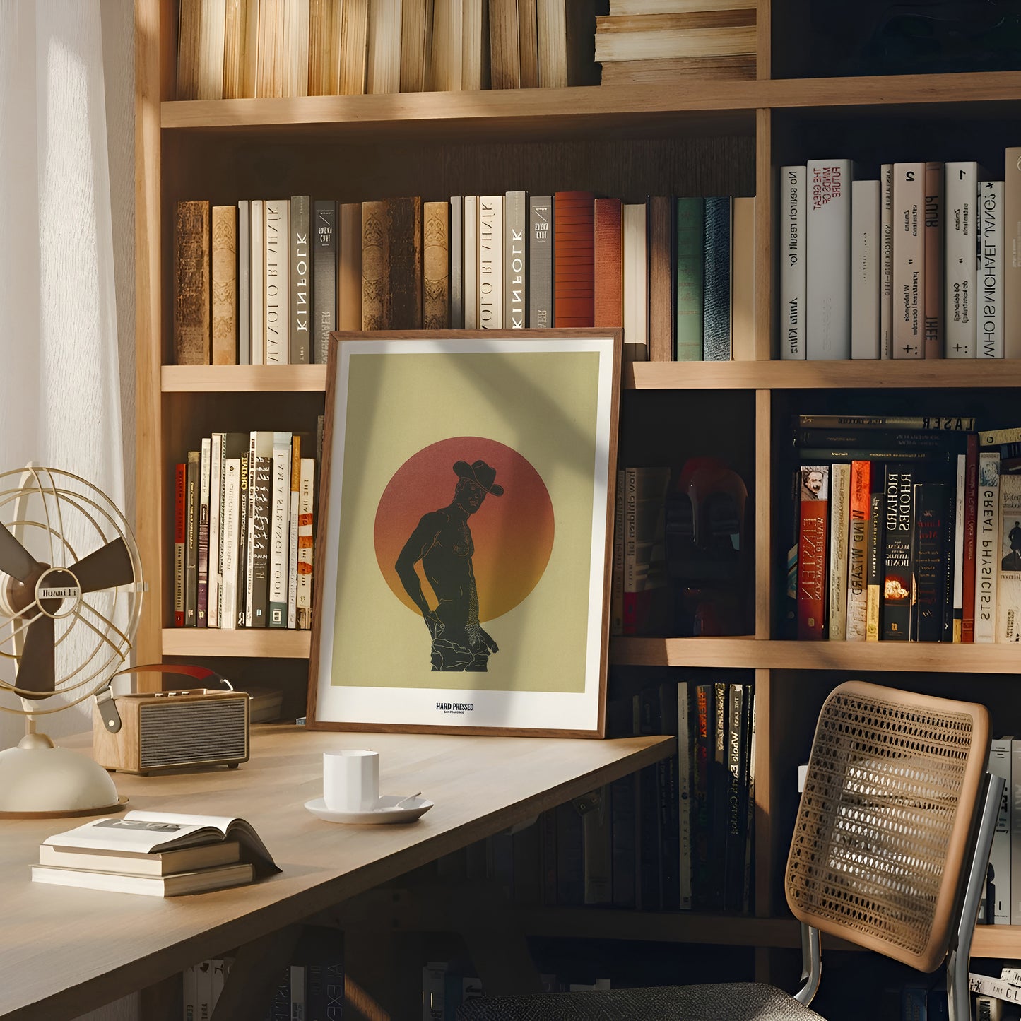 Bookshelf with books, a framed picture, a chair, and a small table with a cup.