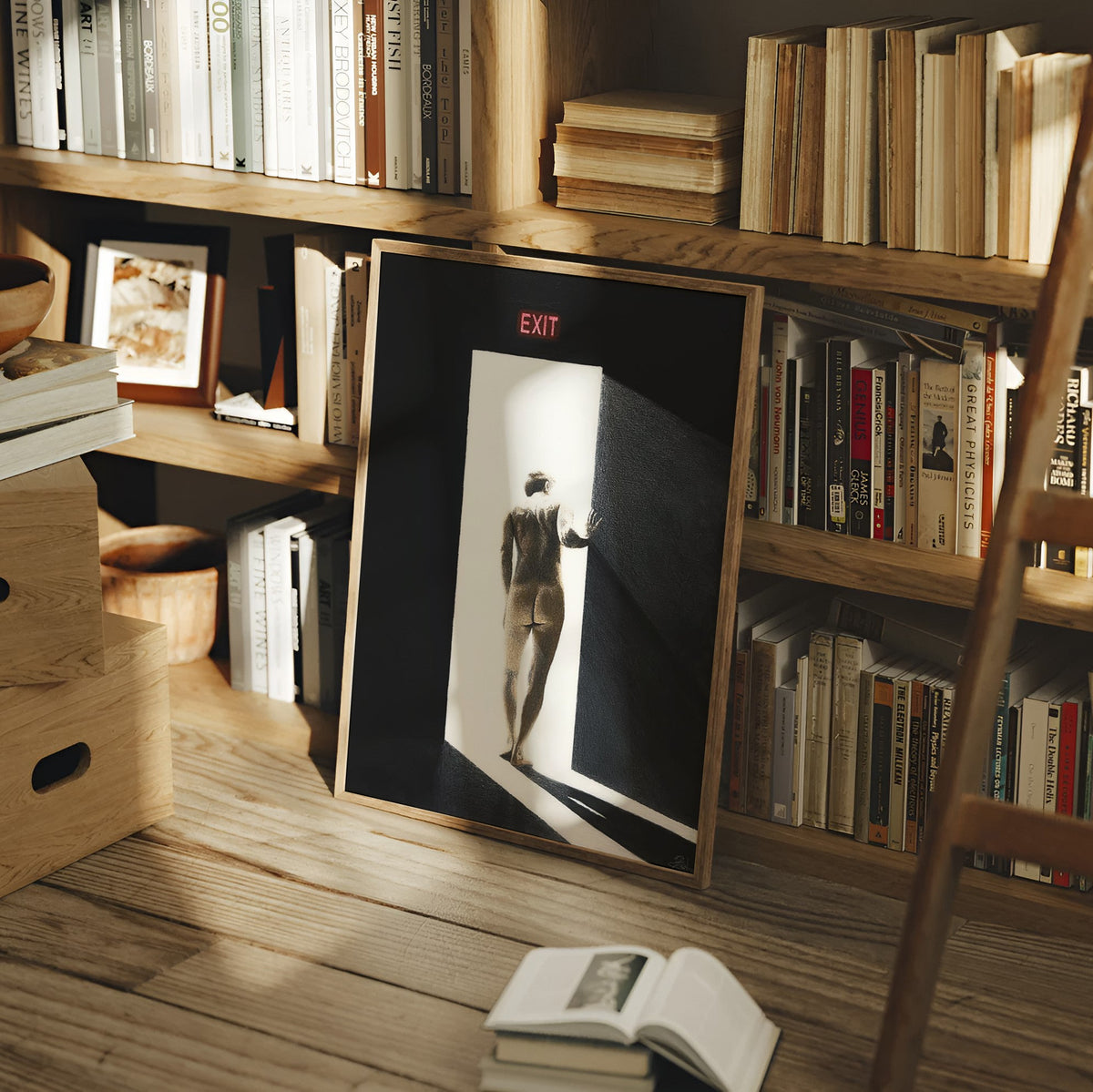 A framed black and white art print leaning on a wooden floor in a cozy, sunlit room filled with bookshelves and books. The print features a minimalist figure walking into a doorway with a red EXIT sign at the top.