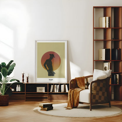 Modern living room with a bookshelf, armchair, and decorative items.