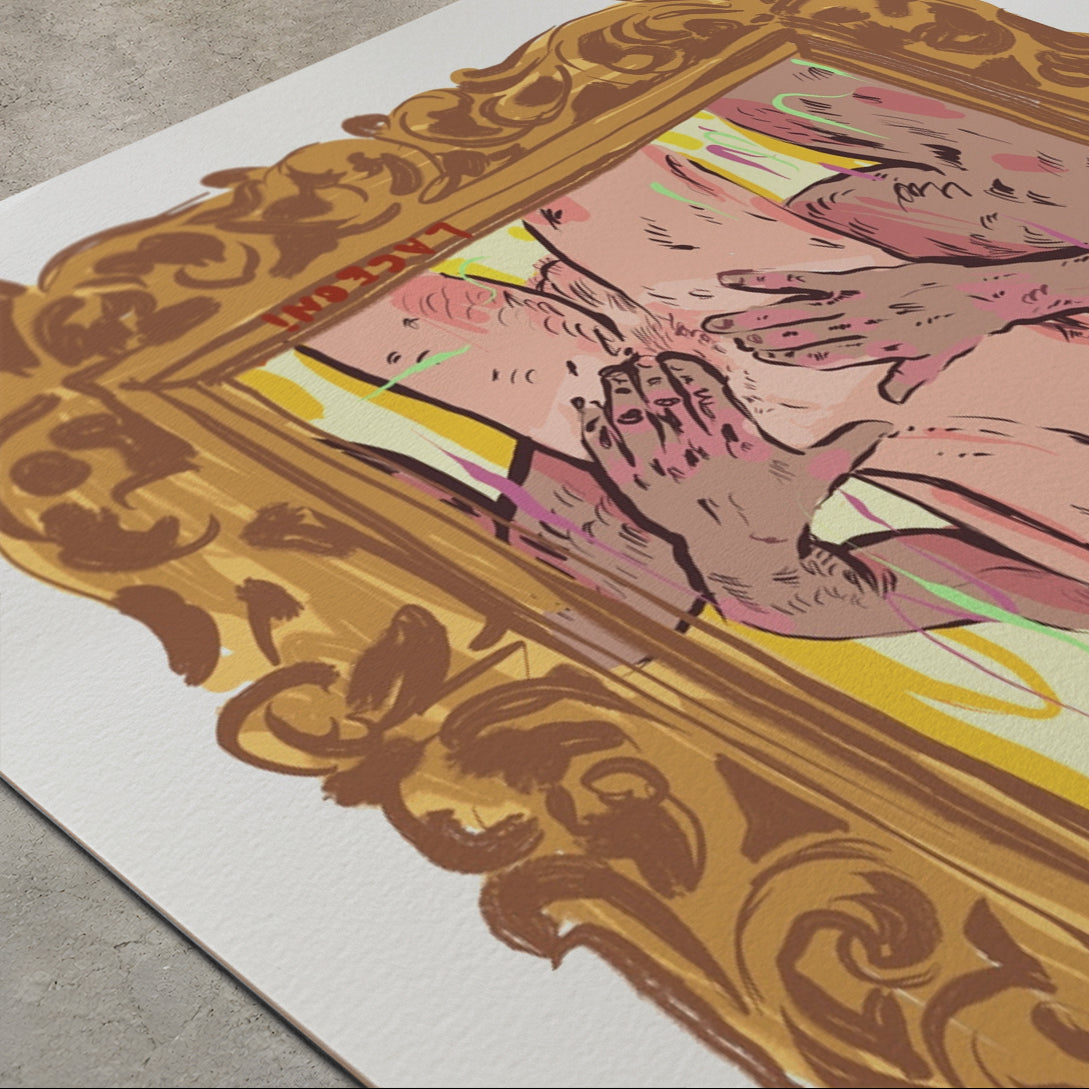 A large art print or poster laid on a concrete floor, featuring an ornate gold and brown baroque-style frame around a stylized illustration of nude human figures in pink, beige, yellow, and green tones.