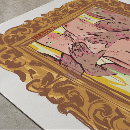 A large art print or poster laid on a concrete floor, featuring an ornate gold and brown baroque-style frame around a stylized illustration of nude human figures in pink, beige, yellow, and green tones.