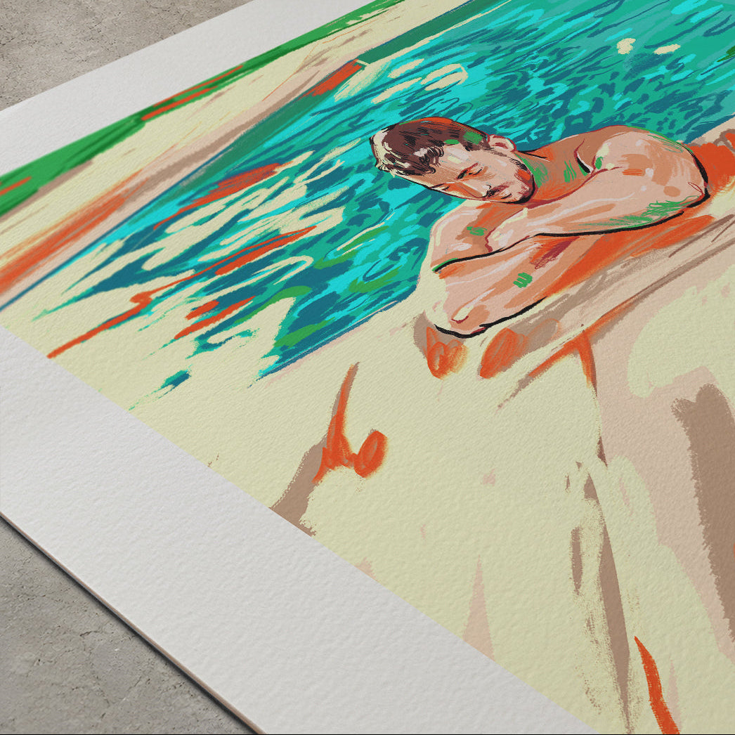A square art print featuring an expressive, colorful painting of a man resting by a swimming pool, displayed on a concrete floor with a white border visible around the print.