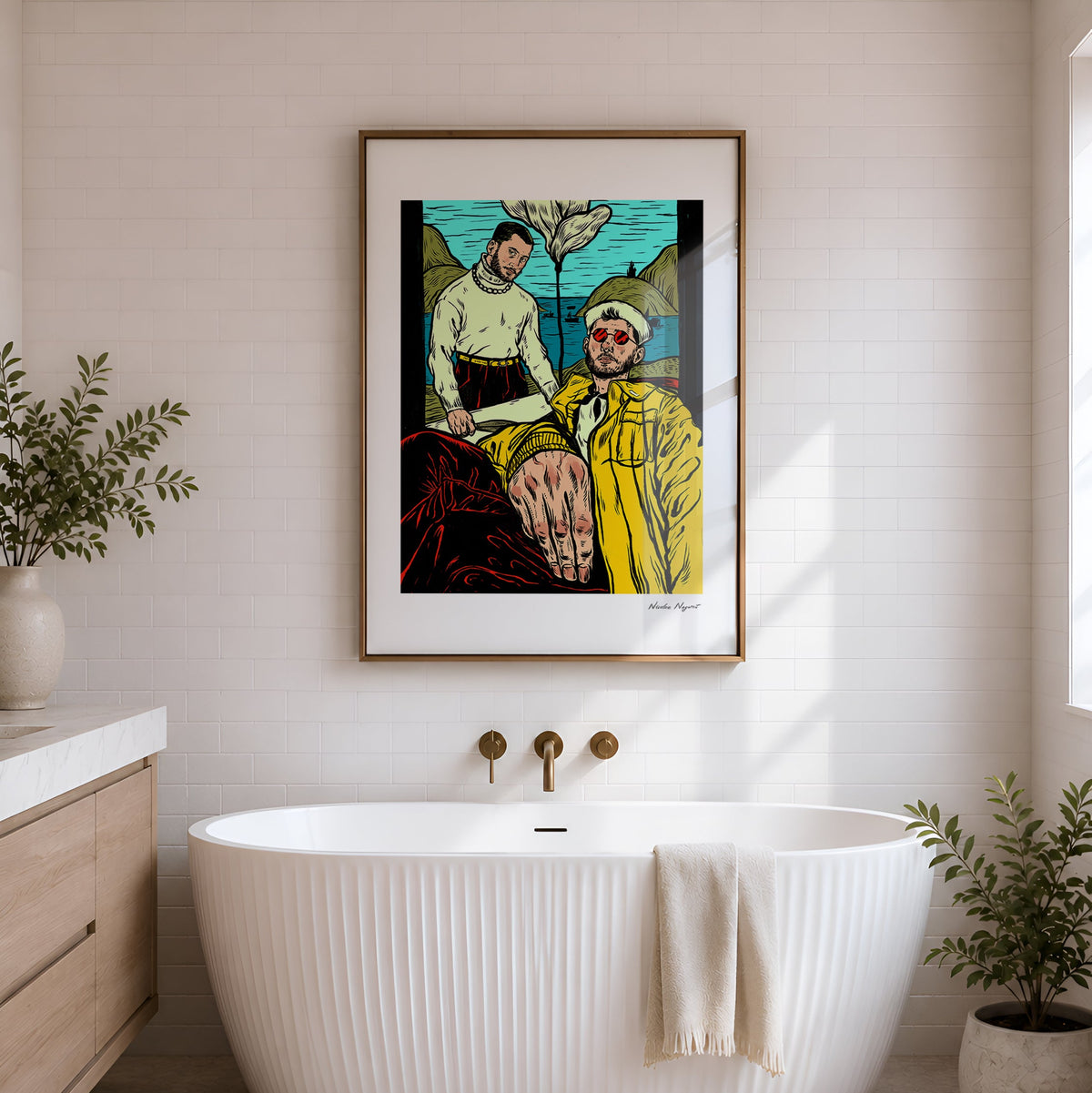 A framed art print featuring two illustrated figures in a colorful scene, hung on a white brick wall above a freestanding white bathtub in a bright bathroom with plants.