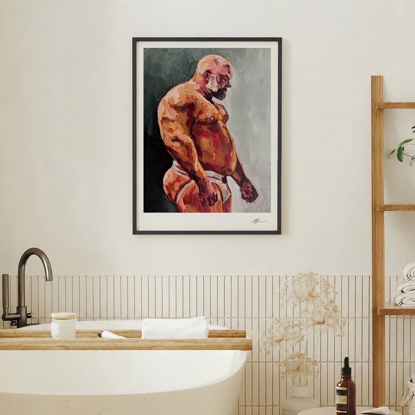 Bathroom interior with a painting of a muscular figure on the wall.