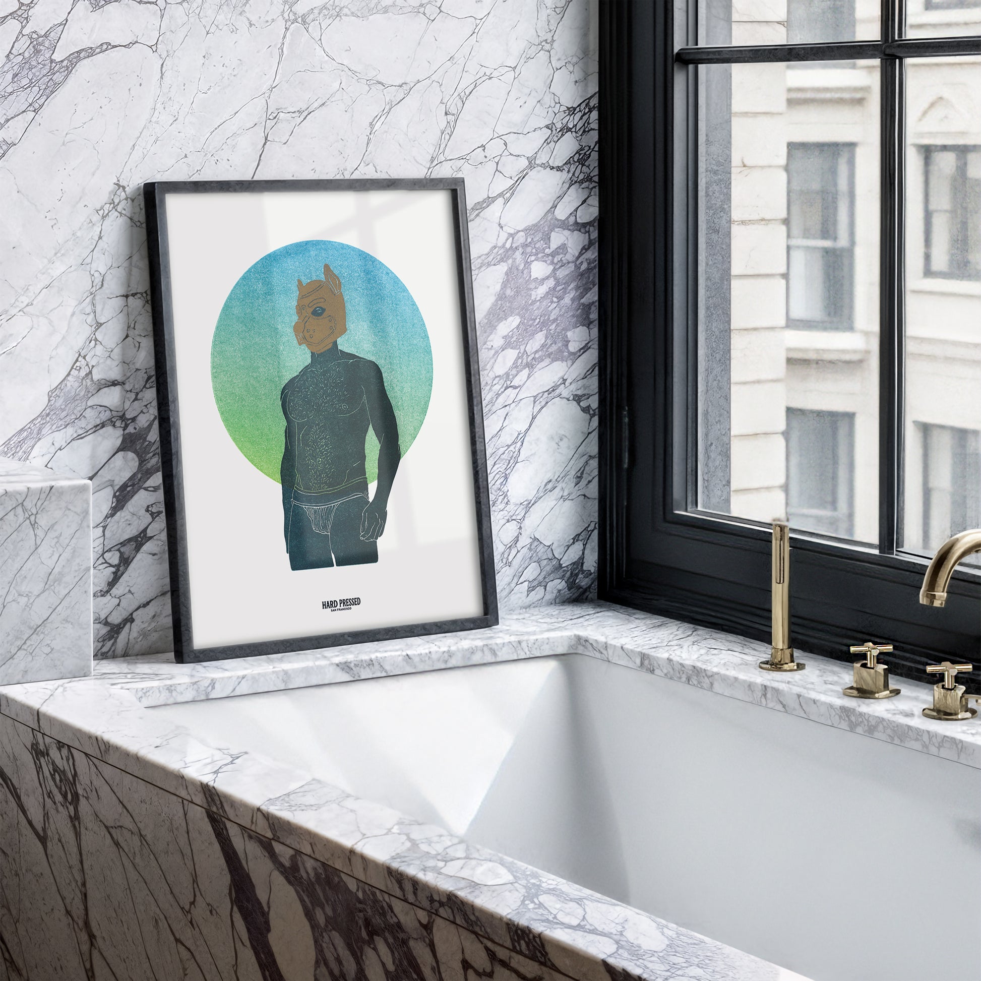 A framed art print featuring a stylized male figure, wearing a pup mask against a blue and green circular background, leaning against a white and gray marble wall next to a window with a brass faucet.